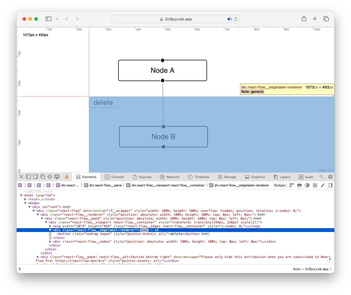 A screen shot of a simple flow. The edge label renderer is highlighted in
the DOM inspector and the button is rendered in the centre of the flow.